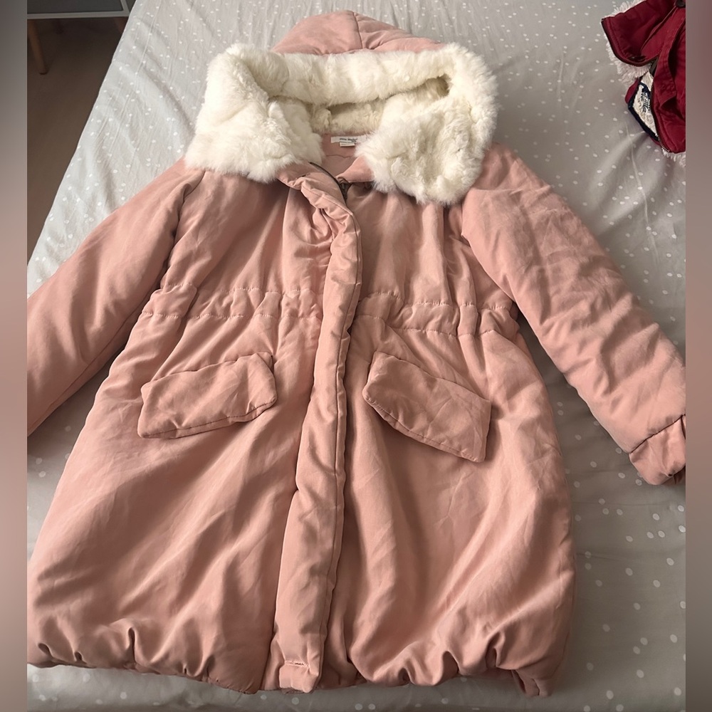 Korean Pink Puffer Jacket with White Fur Collar